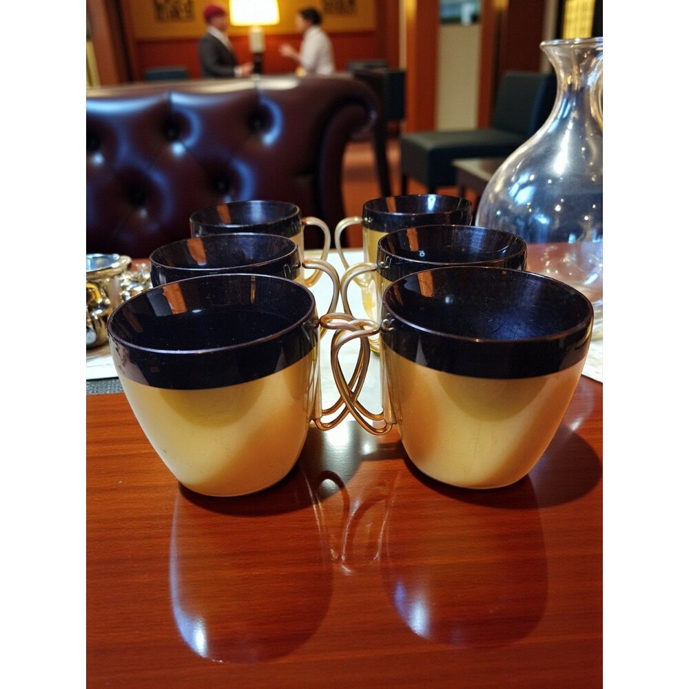 Vintage MCM Black & Gold Thermal Cups Set of 6 Space Age Atomic Retro Camping